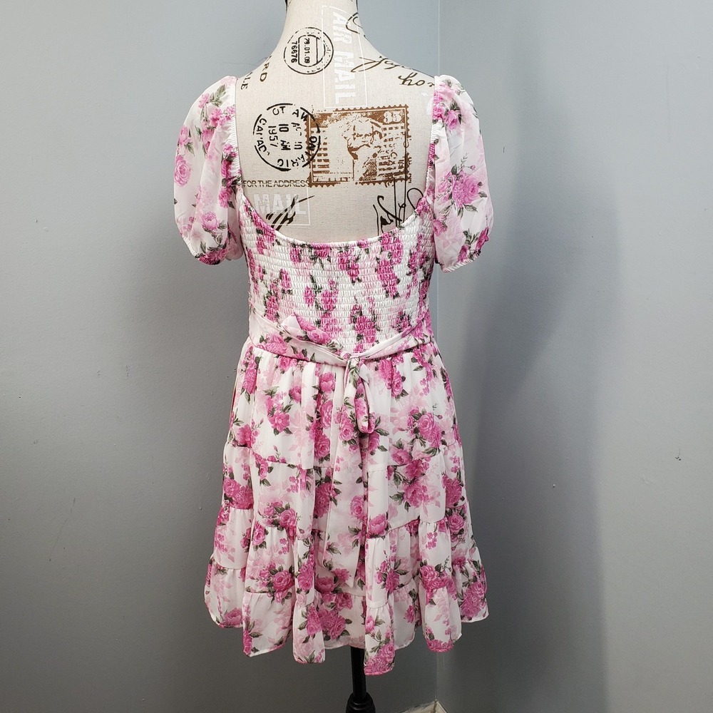 B. Smart Mini Dress Womens 9 Multi Floral Tie Back Puff Sleeve Sweetheart Neck - Picture 2 of 14
